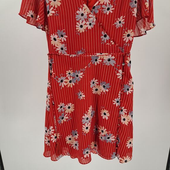 Madewell Mini Dress 6 Button Wrap Tie‎ Floral Flutter Sleeve Daisy Society Red - Picture 6 of 11